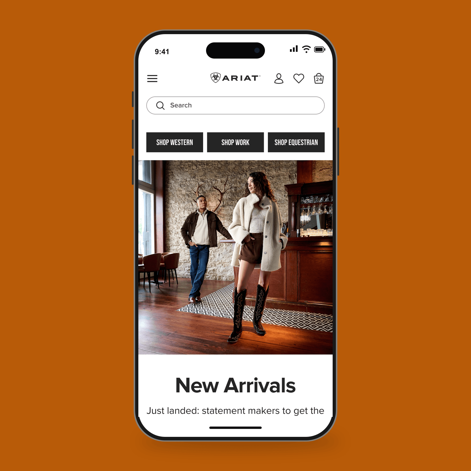 Ariat mobile homepage in an iPhone frame on an orange background