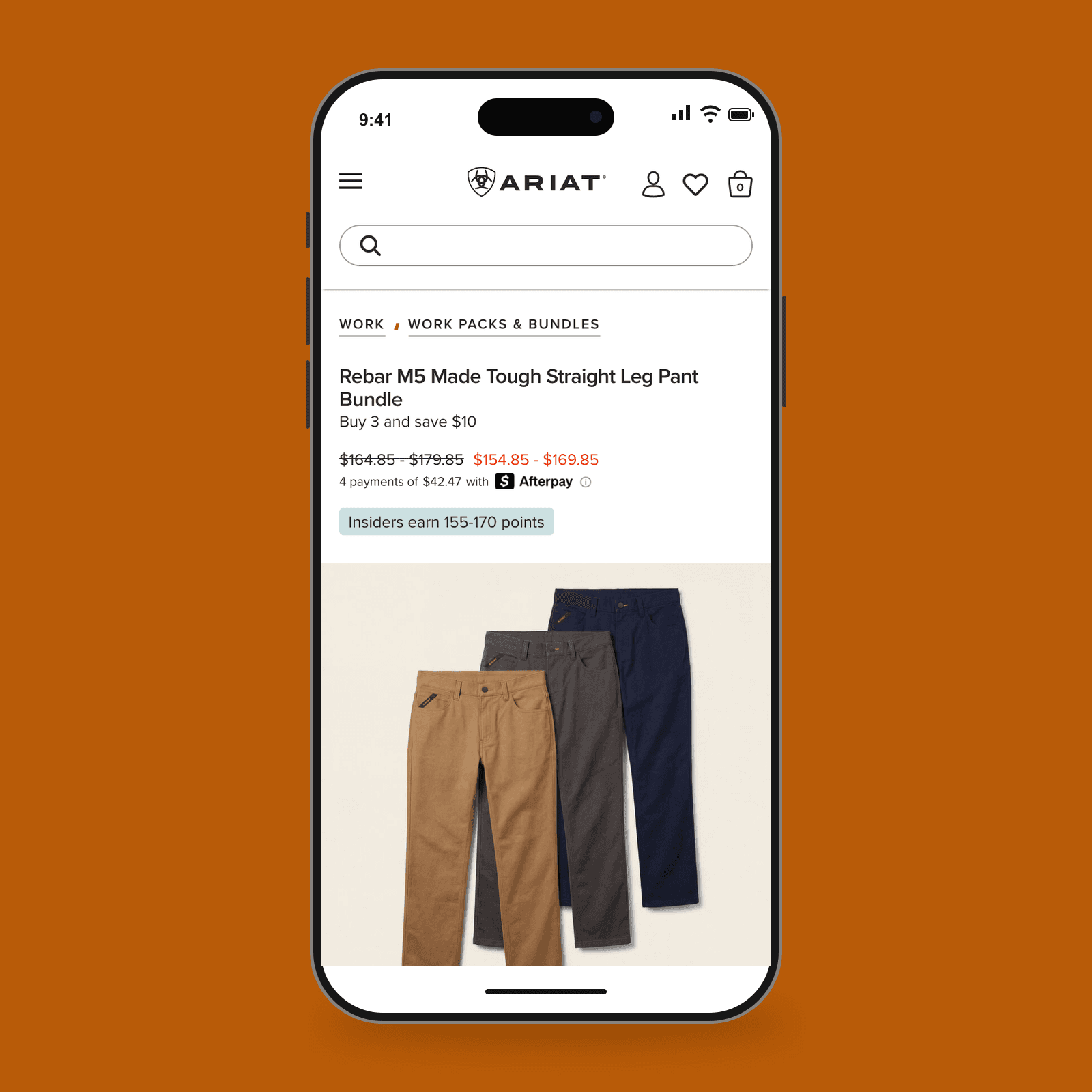 Ariat three-pant bundle product page in an iPhone frame on an orange background