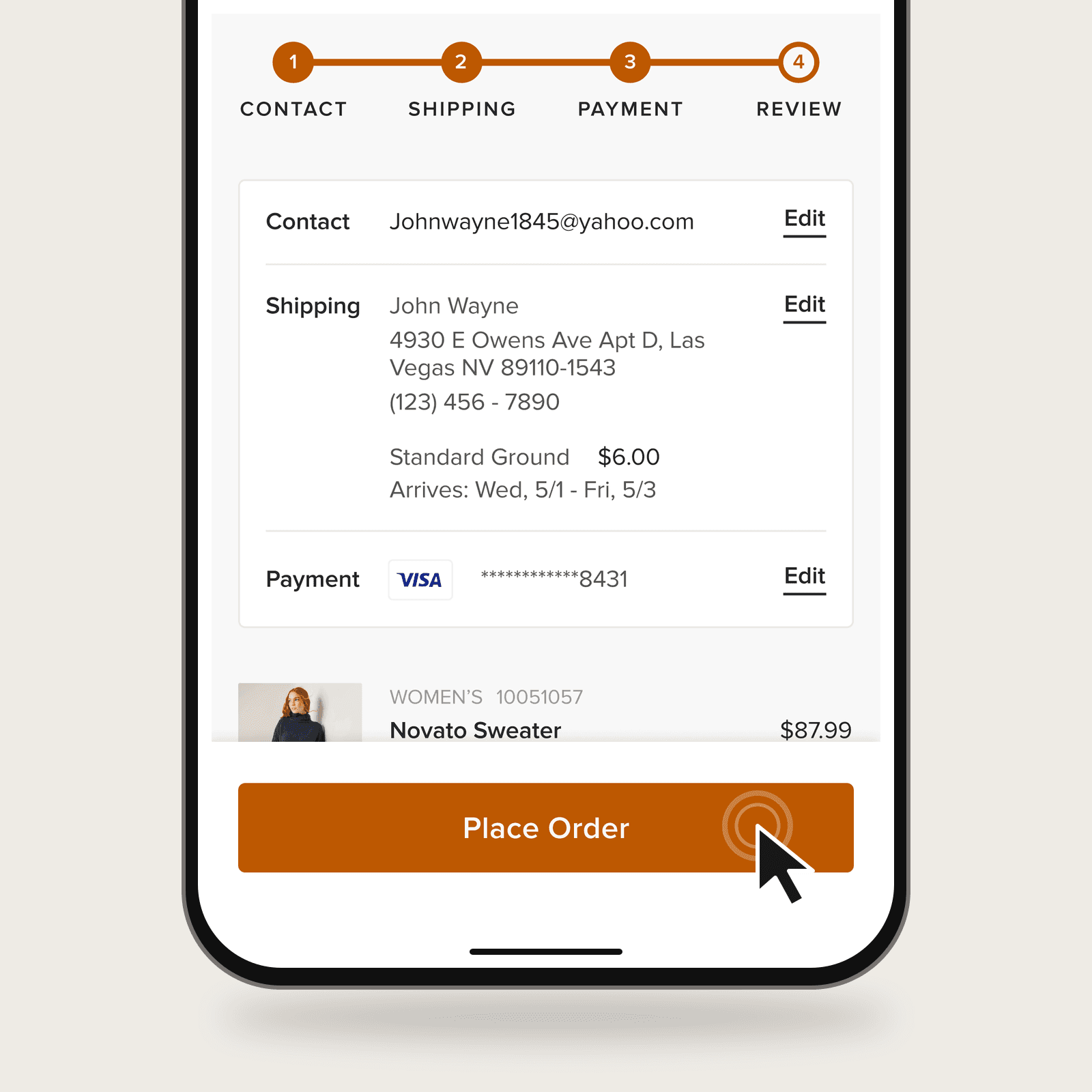 Ariat checkout review showing contact, shipping, and payment details with a pointer on Place Order