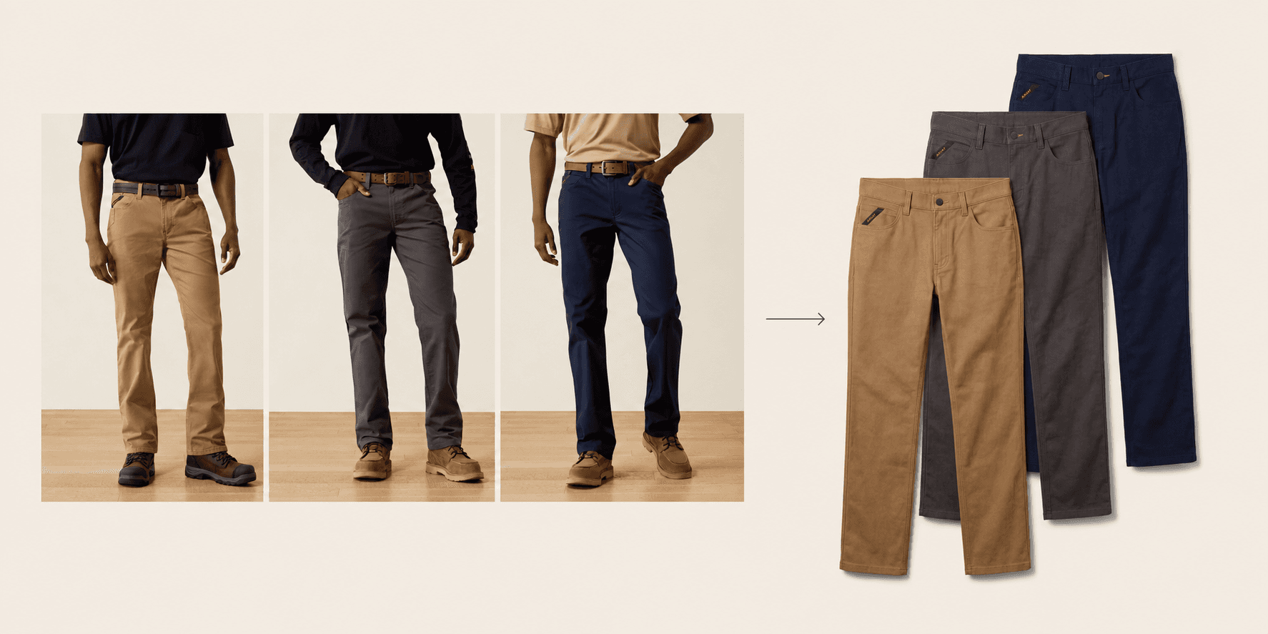 Three existing Ariat model photographs transformed into a coordinated three-color bundle image