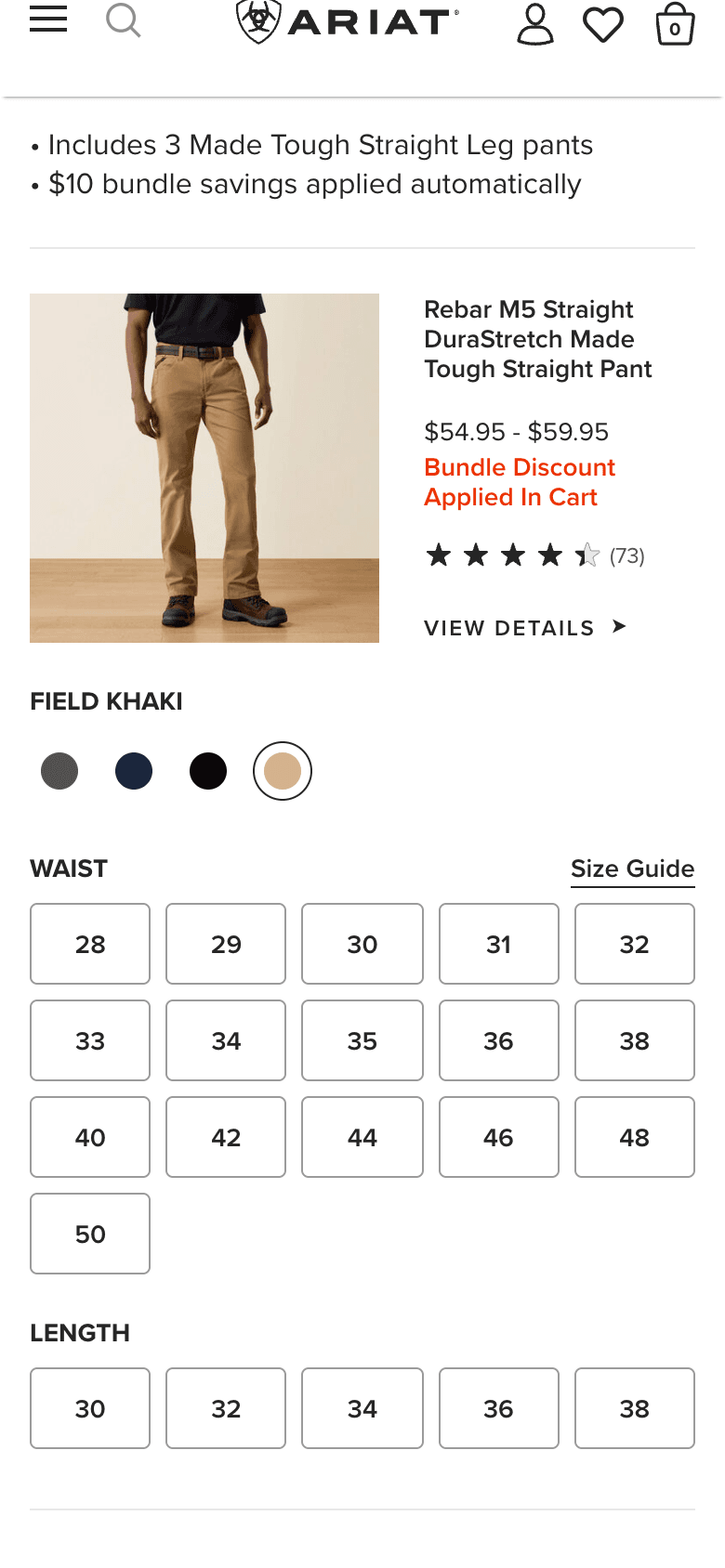 Ariat bundle configuration with product details, colors, and sizes