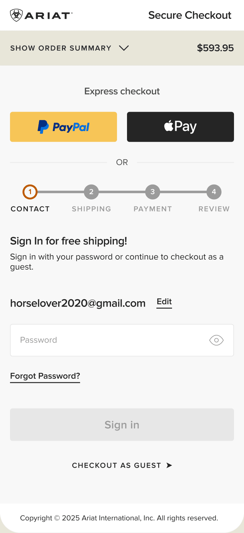 Ariat checkout sign-in screen with a visible checkout-as-guest option