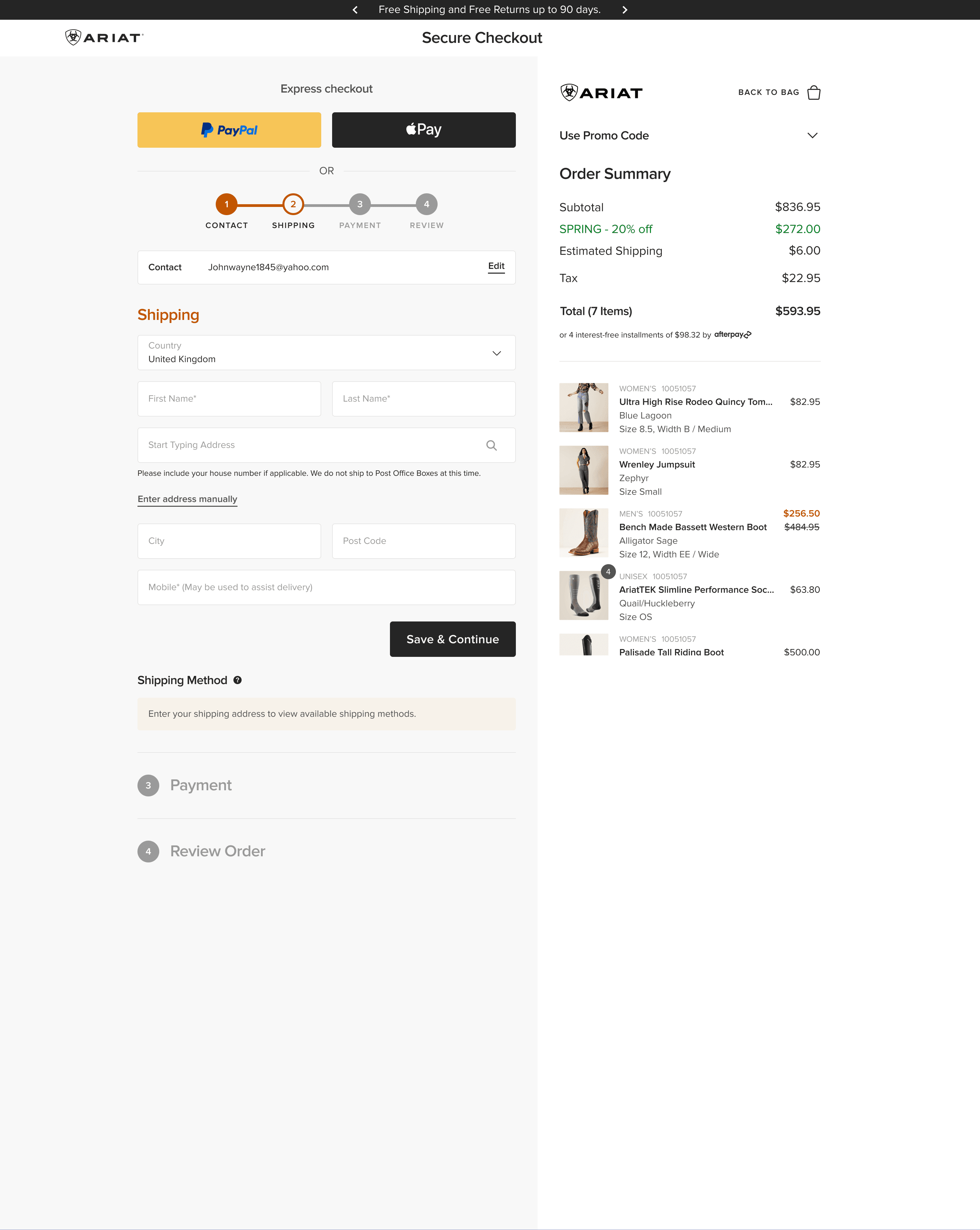 Ariat desktop checkout shipping step with order summary anchored on the right