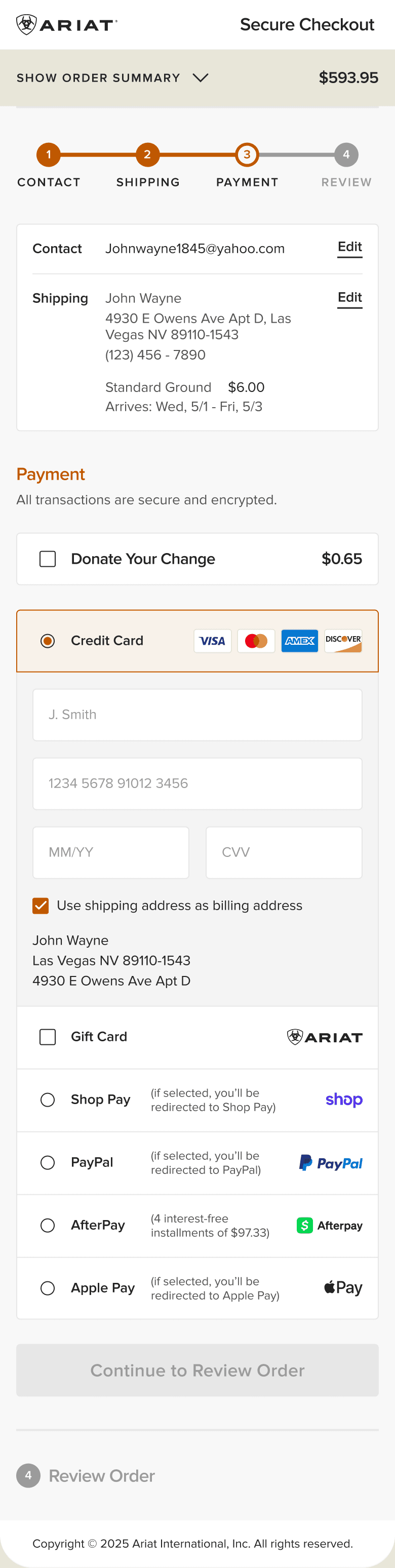 Ariat mobile checkout payment step with saved contact and shipping information