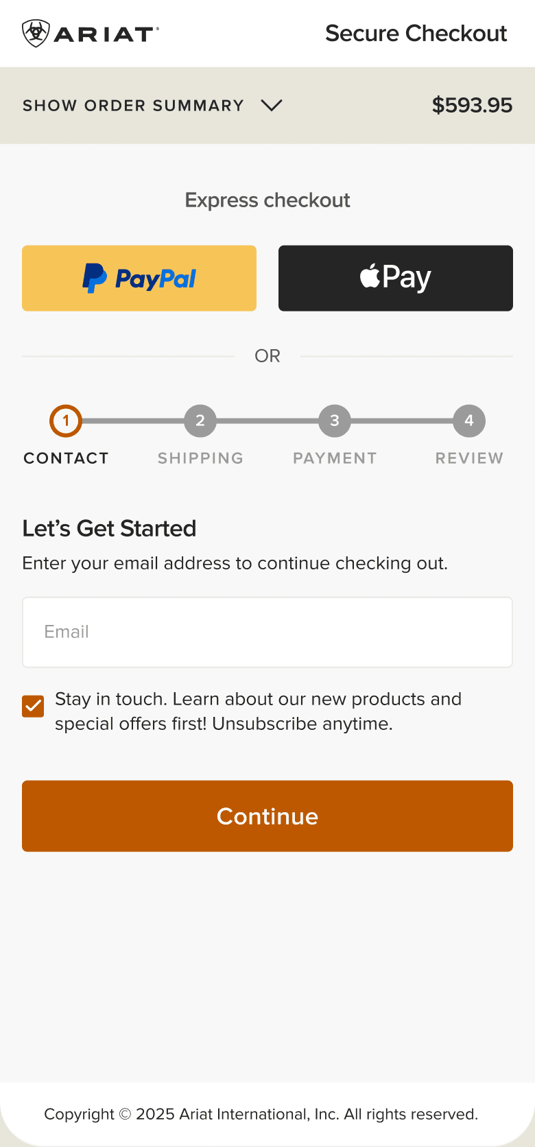 Ariat mobile checkout contact step with express payment and a visible four-step progress indicator