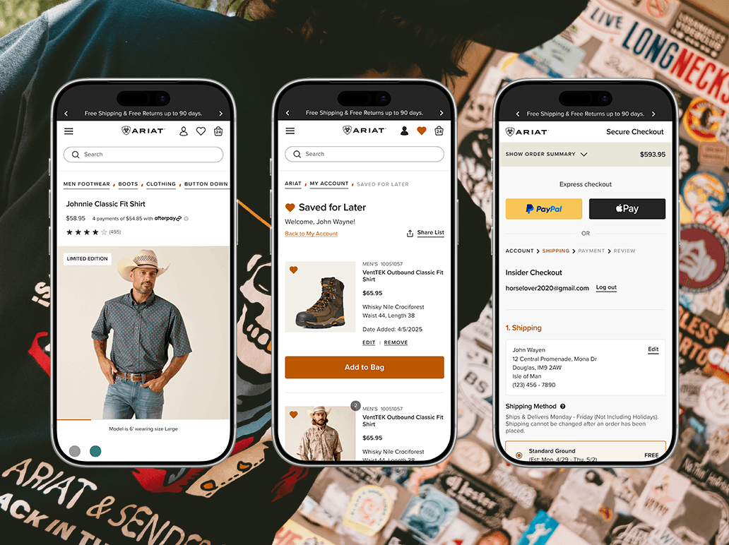 Three Ariat mobile experiences showing a product page, Saved for Later, and checkout