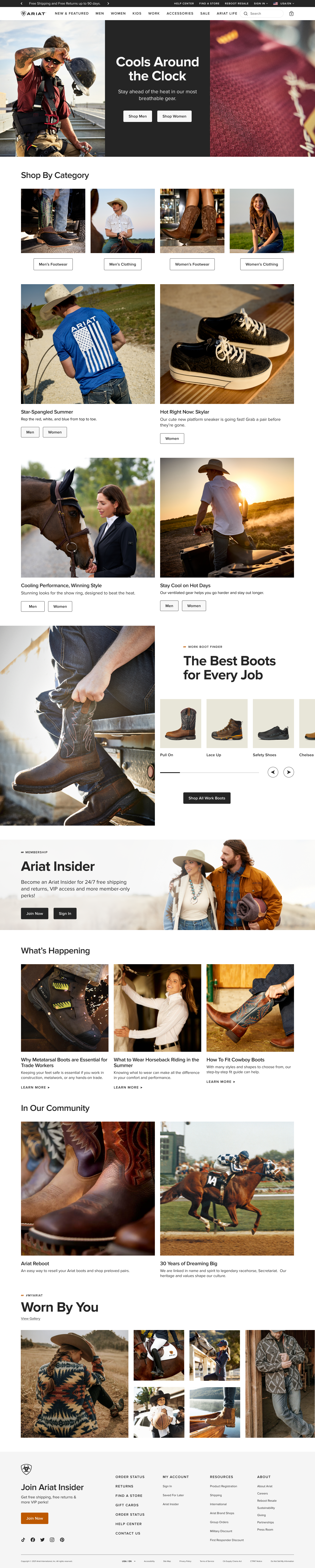 Full earlier Ariat homepage showing the longer page structure