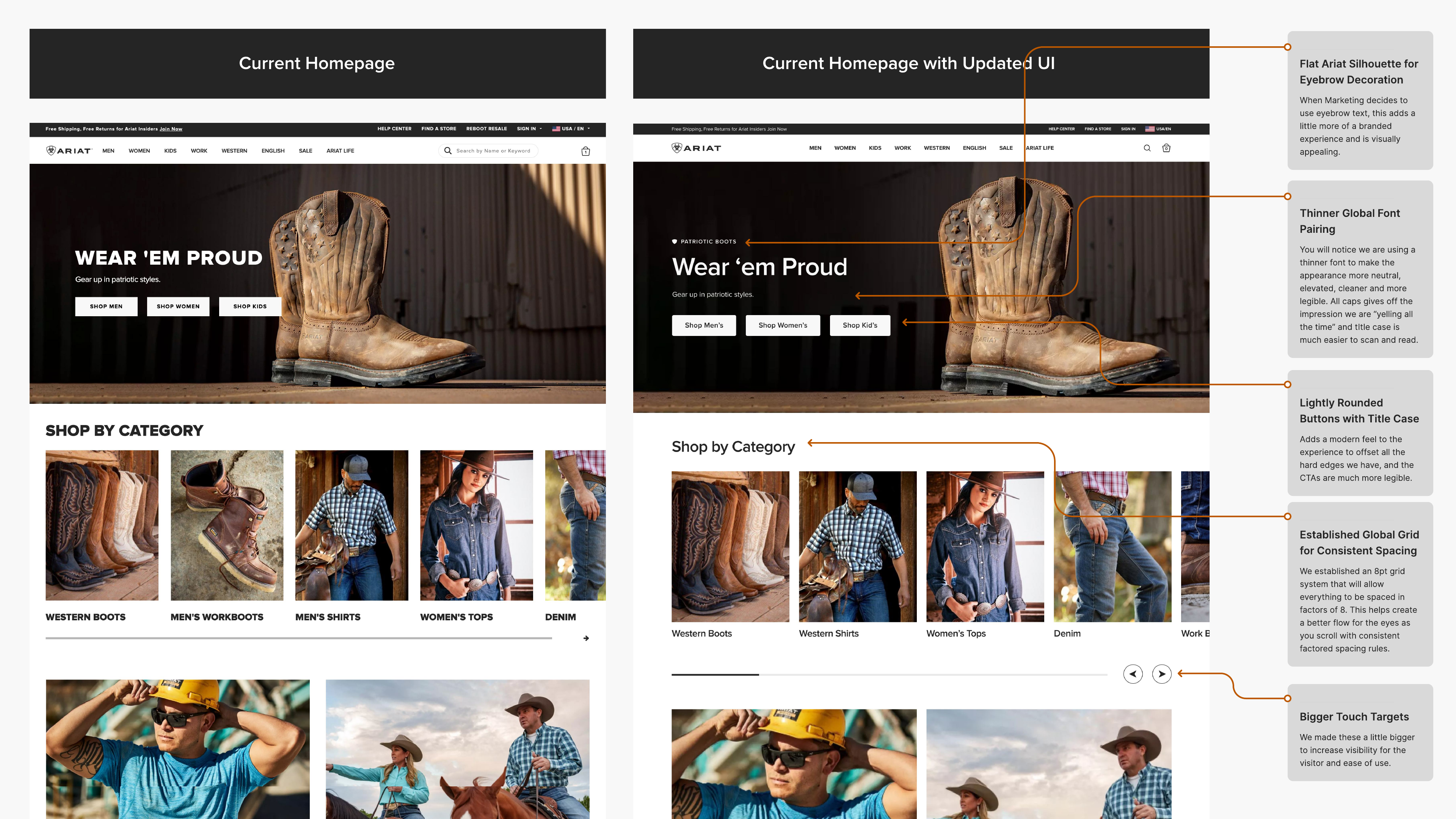 Ariat homepage design direction showing the previous experience beside the proposed visual refresh and its design principles