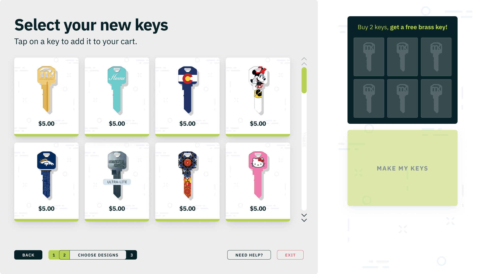 MinuteKey house-key selection screen showing multiple key styles and prices