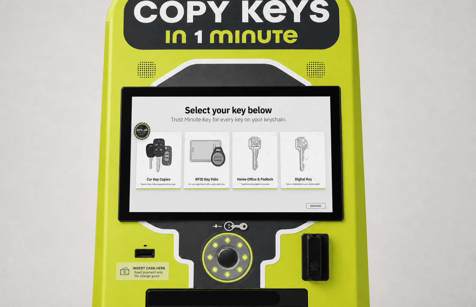 A physical MinuteKey kiosk displaying the redesigned home screen with four key-copy services