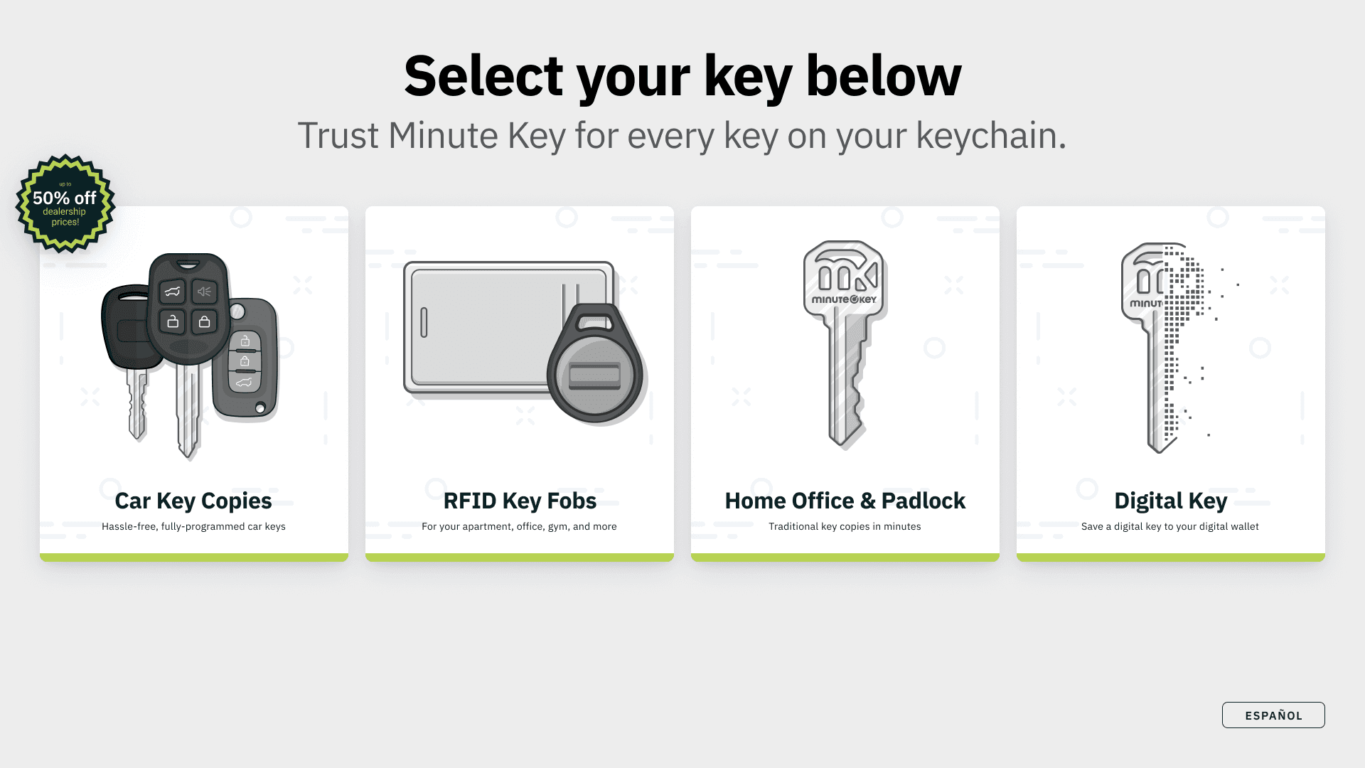 MinuteKey kiosk service-selection screen
