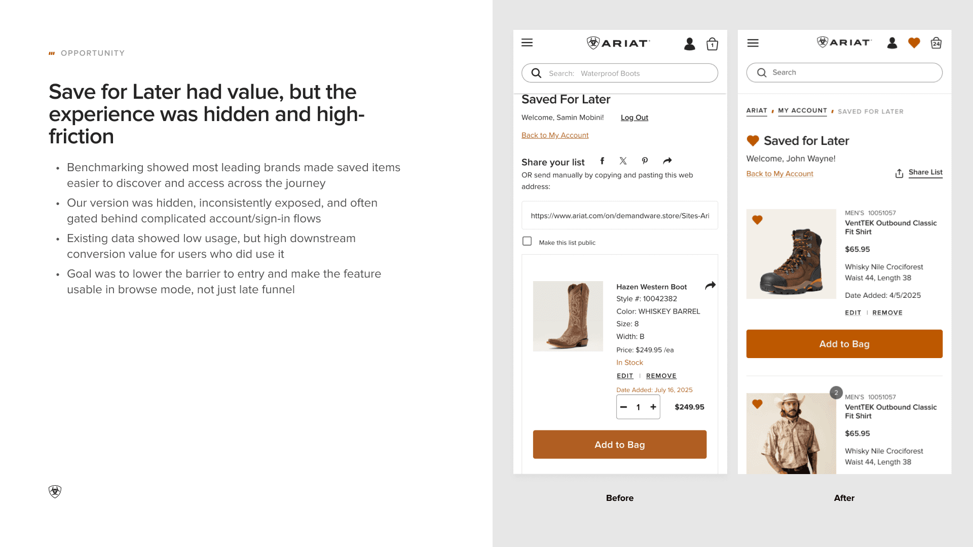 Benchmark recommendation showing the opportunity to make Save for Later easier to discover and use
