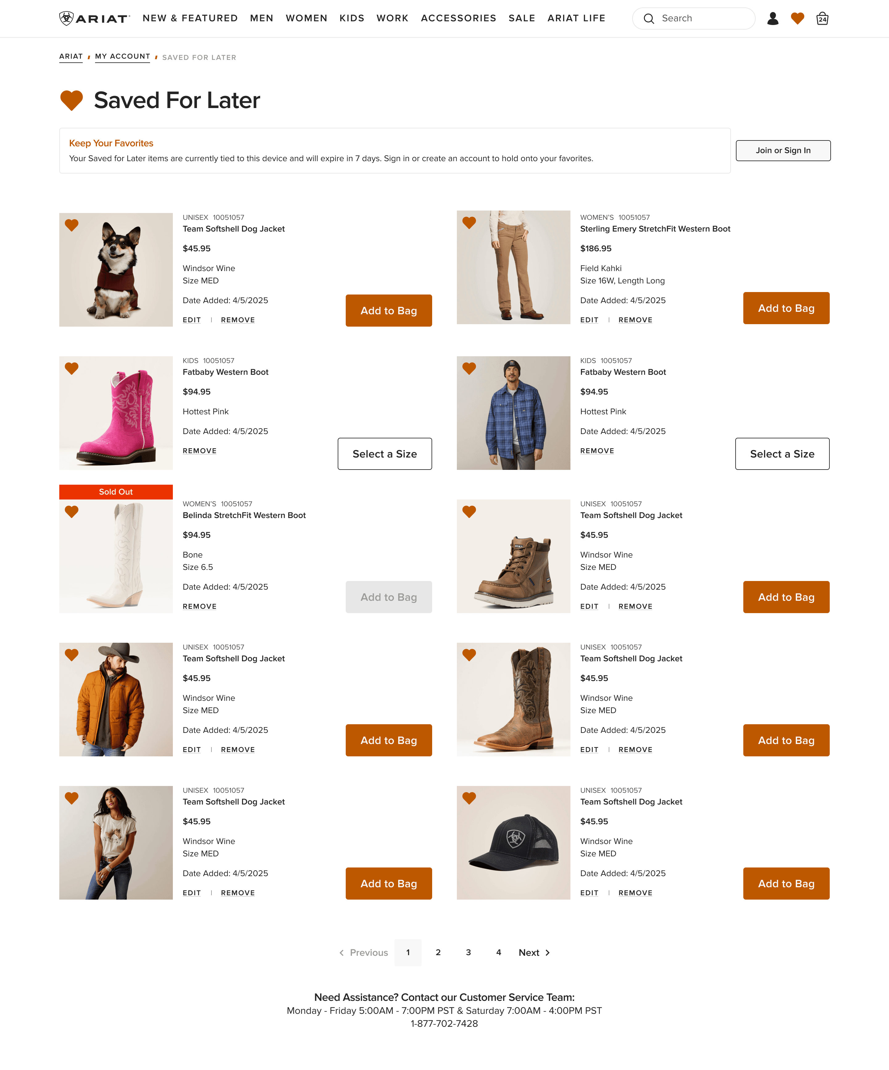 Ariat Saved for Later experience showing saved products, persistence guidance, and paths back to purchase