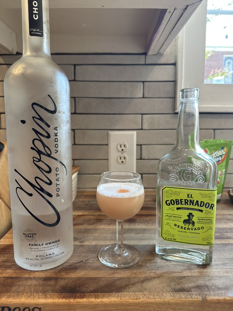 A homemade cocktail joining Chilean pisco and Polish vodka