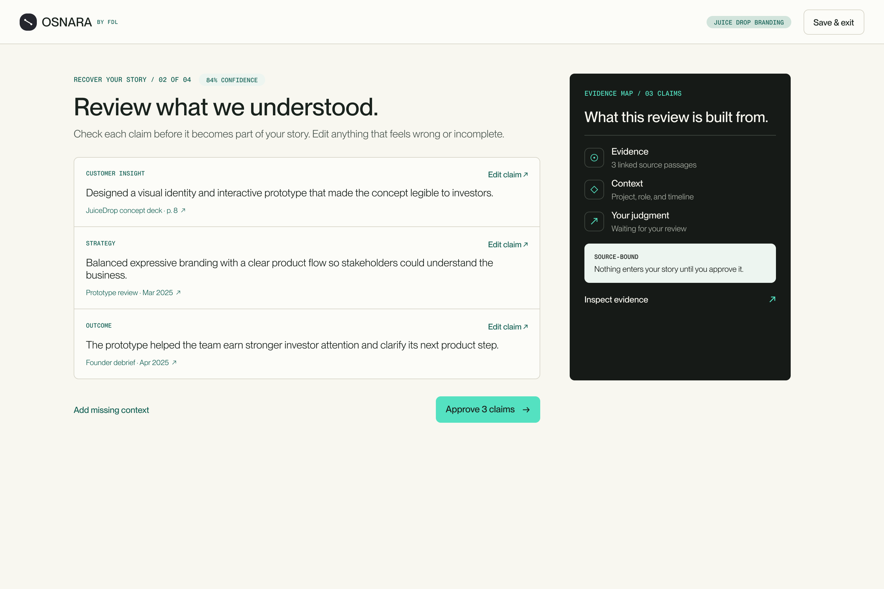 Future Osnara review screen for source-bound claims